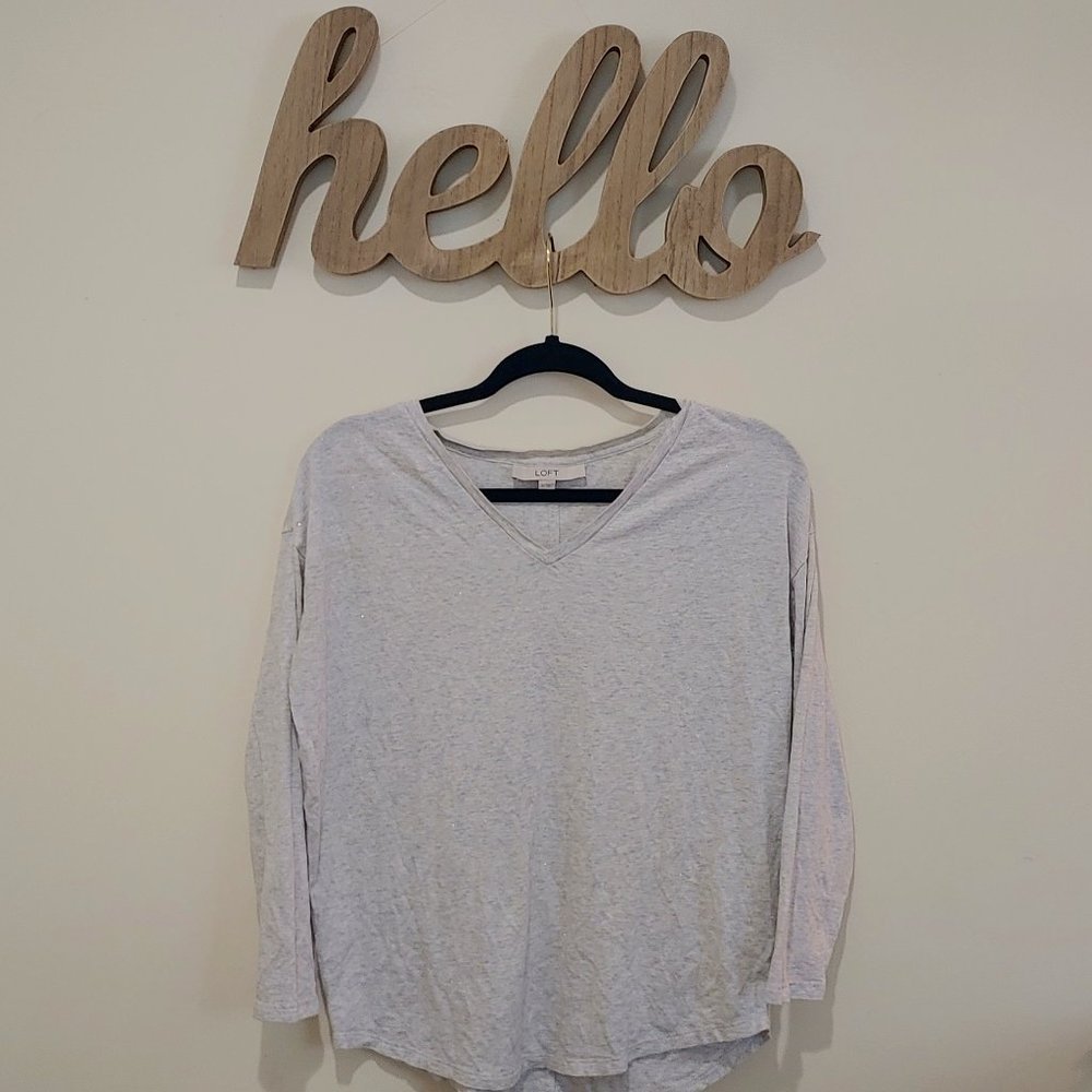 Light Gray LOFT Silver Sparkle V-Neck Top (S)
